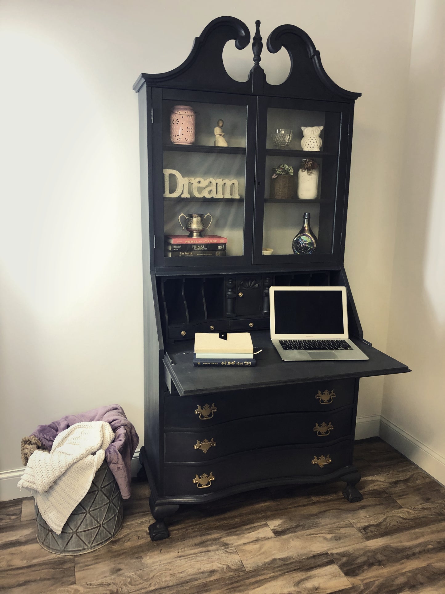 Vintage / Antique Secretary Desk / Hutch - Chippendale Style - Hand Painted / Refinished